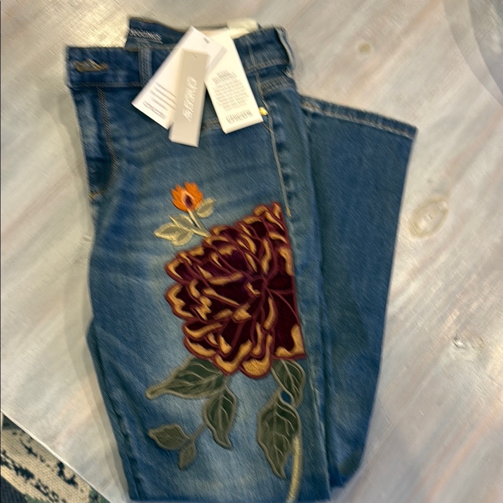 Chico's Blue Denim Jeggings with Burgundy & Gold Rose Embroidery